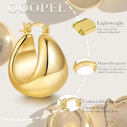 OOOPEL Gold Hoop Earrings for Women,925 Sterling Silver Chunky Hoop Earrings Hypoallergenic Lightweight 14K Gold Plated Thick Gold Hoops for Women 22mm 26mm - color: Gold-26MM