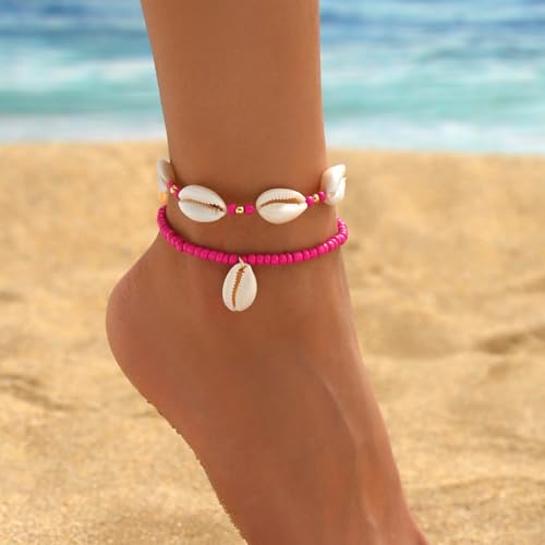 INENIMARTJ Puka Shell Anklets Bracelet for Women Colorful Shell Beaded Anklet Summer Ocean Hawaiian Beach Foot Jewelry Mermaid Seashell Anklets Jewelry for Women - color: rose red