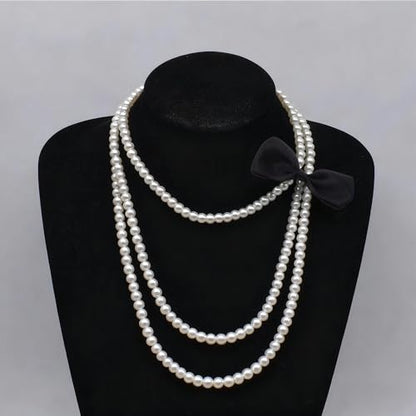 Long Pearl Necklace for Women 59" Faux White Pearls Necklaces Black Bow Pearl Beads Necklace 1920s Statement Bride Wedding Jewelry Gifts - color: Black Bow Pearl Necklace