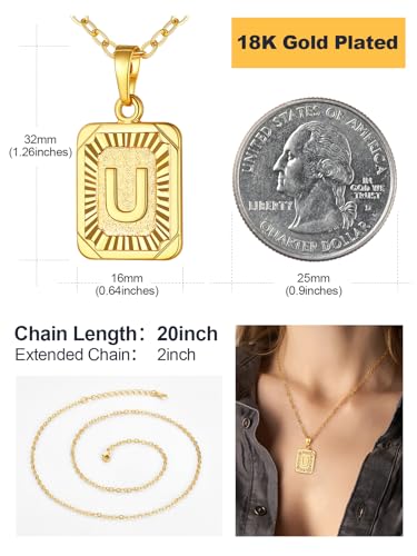 U7 Initial Necklaces for Women, Square Letter Pendant Necklace | Gold & Silver Plated A-Z Pendant | Personalized Large Monogram | 20+2" Adjustable Chain | Gift Packed for Mom Wife Friends - color: a. Gold, style: U