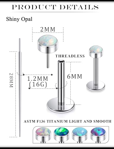 20G 18G 16G Astm F136 Titanium Threadless Flat Back Earrings Nose Studs Tragus Helix Conch Cartilage Lobe Earrings Medusa Labret Snake Bite Monroe Lip Ring Piercing Jewelry For Women Men - size: 16G-6MM Bar-Opal 2MM