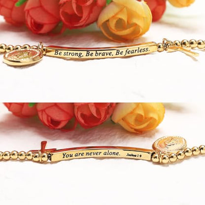 DS Inspirational Bracelet for Women Christian Engraved Bibler Verse Cross Butterfly Daisies Charm Bracelet, Exquisite Stainless Steel Jewelry Daughter Best Friend Bestie - style: Be strong,Be brave,Be fearless.You are never alone-Gold