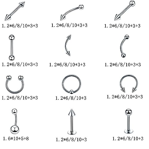 60 Pcs Body Piercing Kit Jewelry 16G Nose Rings Lip Studs Tongue Rings Stainless Steel Cartilage Earrings Tragus Eyebrow Industrial Barbell Belly Rings Body Piercing Jewelry Lot - color: 8mm