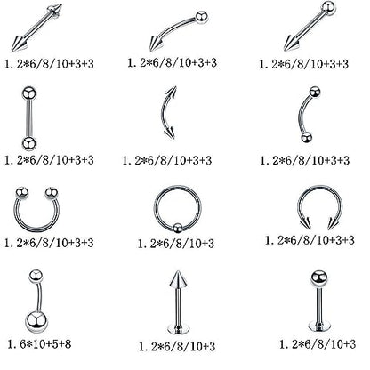 60 Pcs Body Piercing Kit Jewelry 16G Nose Rings Lip Studs Tongue Rings Stainless Steel Cartilage Earrings Tragus Eyebrow Industrial Barbell Belly Rings Body Piercing Jewelry Lot - color: 8mm