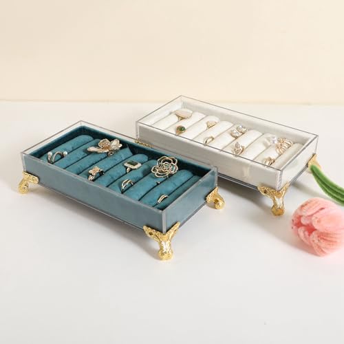 velvet slots Ring holder for jewelry organizer, Earring ring display stand for selling, felt ring jewelry holder tray showcase【Velvet slots Ring Holder-Blue】 - color: Blue