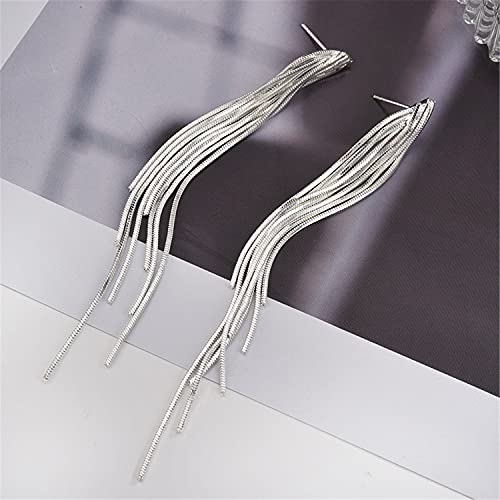 14k Gold Long Tassels Chain Dangle Drop Earrings for Women Black Silver Punk Sleek Metal Chain Earrings Wedding Bridesmaid Jewelry - color: Silver