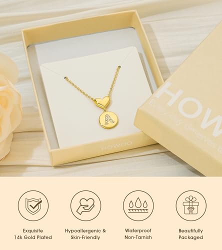 Howoo 14K Gold Plated Initial Necklace for Women Heart Necklace for Women Round Zircon Letter Pendant Plated Adjustable Necklaces Birthday Galentines Valentine Gifts Jewelry - color: A, style: style 1