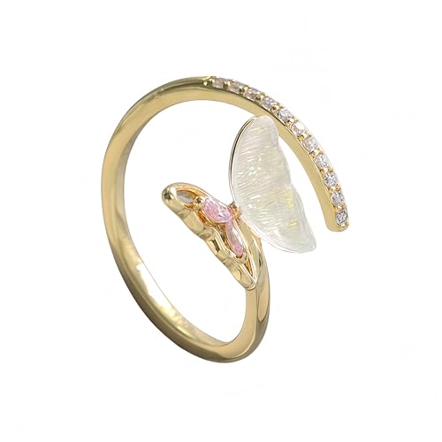 Mettclasi Women's 14K Gold Plated Stackable Ring Crystal Inlaid Dainty Trendy Cute Adjustable Open Twist Rings Jewelry Gifts - style: Butterfly