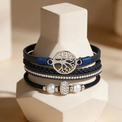 hotoo Leather Wrap Bracelets for Women Tree of Life Cuff Bracelets Pearl Rhinestone Bead Multi-Layer Bracelets Bohemian Jewelry Gift for Women - color: Blue