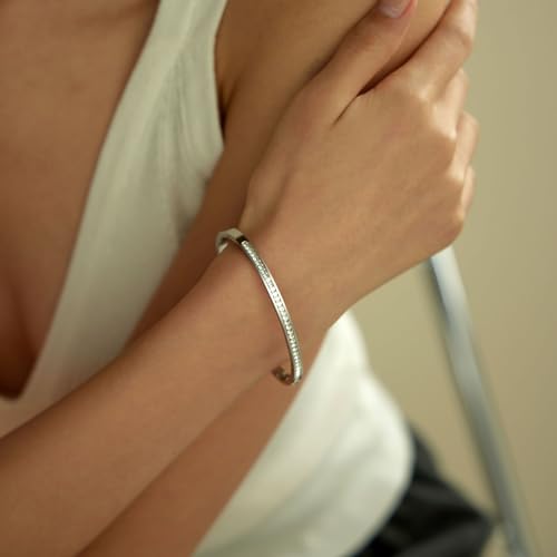 Gold Bracelets for Women, 18K Gold Plated Cubic Zirconia Bangle Bracelets Stainless Steel Eternity Crystal Oval Bracelet Cuff Bracelets for Women Jewelry - color: Half CZ Bangle-White Gold