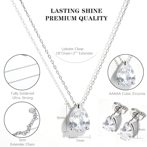 5A Cubic Zirconia Hypoallergenic Necklace and Earrings Set for Women, Dainty Stainless Steel Teardrop Solitaire Jewelry Sets Gift for Her - color: Silver