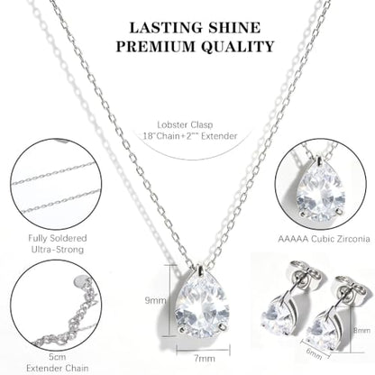 5A Cubic Zirconia Hypoallergenic Necklace and Earrings Set for Women, Dainty Stainless Steel Teardrop Solitaire Jewelry Sets Gift for Her - color: Silver