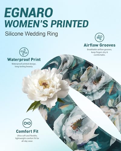 Egnaro Silicone Statement Ring Women, Floral Patterned Rubber Wedding Band | 5.2mm Wide 2mm Thick Printed Style, Inner Arch and Breathable X Grooves for Gym Workout Travel Work Pregnancy Daily Wear