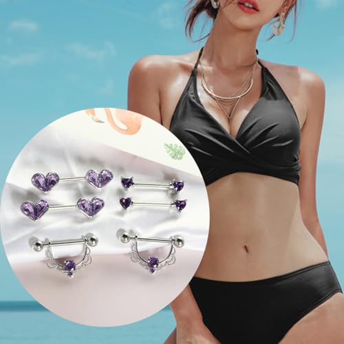 TIANCI FBYJS 6 Pairs Nipple Rings Stainless Steel Heart Butterfly Moon Flower CZ Stud Barbell Tongue Rings Set Cute Nipplerings Piercing Jewelry for Women Pink Tone - color: purple