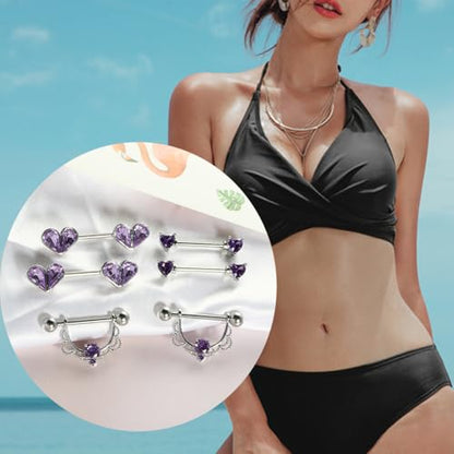TIANCI FBYJS 6 Pairs Nipple Rings Stainless Steel Heart Butterfly Moon Flower CZ Stud Barbell Tongue Rings Set Cute Nipplerings Piercing Jewelry for Women Pink Tone - color: purple
