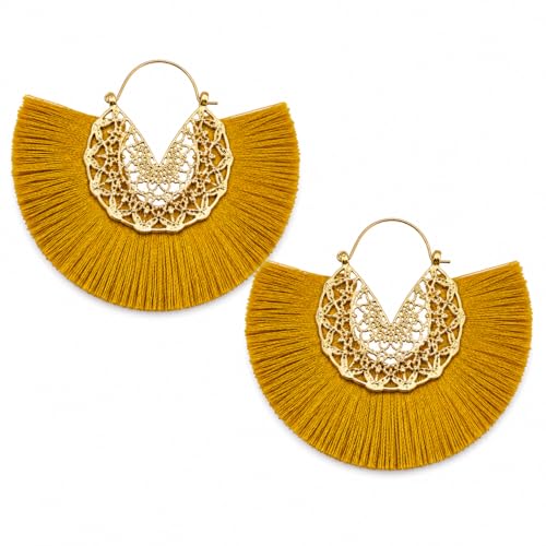 Tassel Hoop Earring Statement Thread Dangle Earrings Stylish Long Fringe Drop Earrings Lightweight Long Swingy French Hook Earrings for Women - color: A Khaki
