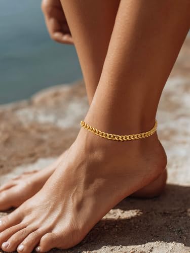 ChainsPro Resizable Anklet Chain for Women Men, Figaro/Wheat/Twist Rope/Cuban Foot Bracelet-Strong with Good Clasp-18K Gold Plated(Send Gift Box) - color: 06:curb-Gold Plated-4.8mm