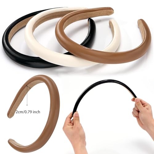 3 Pcs Padded Headbands for Women, Solid Color Leather Headbands, Fashion Headwear, Girls Women Hair Accessories (Black + white + brown)