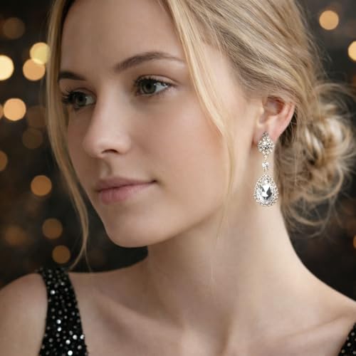 Mariell Black Crystal Teardrop Dangle Earrings, Jewlery for Brides, Bridesmaids, Prom and Wedding Parties - color: Silver Clip On