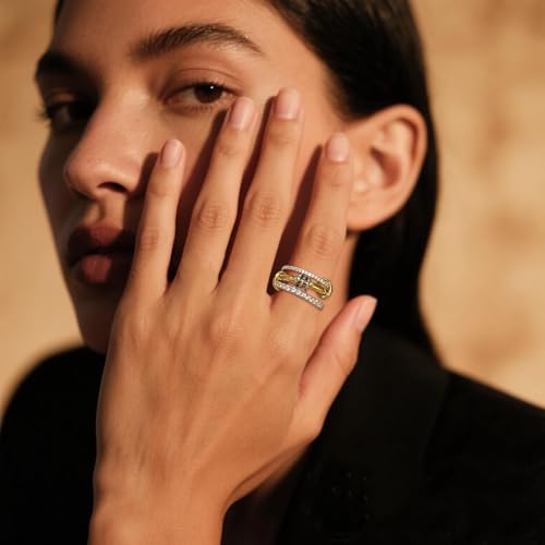 14K Gold Plated Interlocked Stackable Rings for Women Non Tarnish,Gold and Silver Cubic Zirconia Statement Rings Set,Mixed Metals Ring Two-Toned Connected Bands Stacking Jewelry - color: 2*silver rings & 1*gold ring