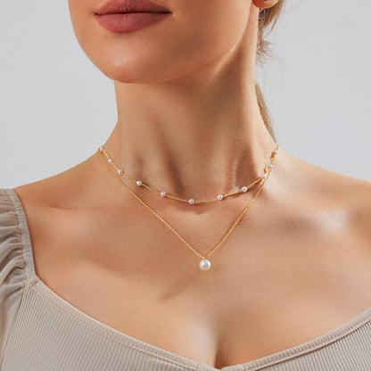 Zeffy Gold Pearl Necklace for Women, Dainty 14K Gold/Silve Plated Layered Pearl Choker Pearl Earrings Pearl Bracelets Wedding Trendy Gold Jewelry Set for Women Gifts - style: Gold Pearl Necklace-2PCS