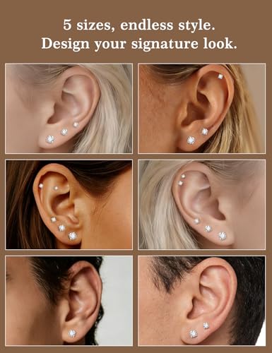 5 Pairs Moissanite Sterling Silver Stud Earrings Set for Women, Hypoallergenic, 2mm, 3mm, 4mm, 5mm - color: 14K Gold