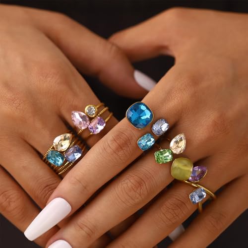 Geometric CZ Crystal Statement Rings for Women Ladies Stainless Steel Gold-Tone Plated Wedding Band Adjustable Open Gemstone Comfort Fit Finger Stacking Cocktail Party Ring Stylish Holiday Jewelry