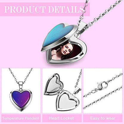 Hicarer Heart Mood Locket Necklace for Girls Kids Locket Color Changing Necklace Stainless Steel Temperature Sensing Mood Heart Shape Photo Pendant Birthday Valentines Gift