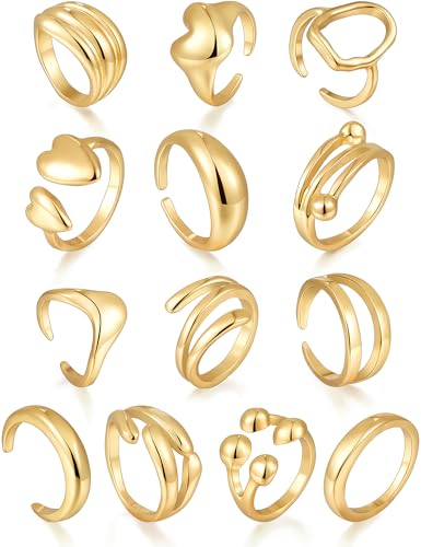17 MILE Chunky Gold Stackable Rings for Women Non Tarnish, 18K Gold-Plated Statement Open Stacking Rings, Knuckle Band Ring Set - color: 13 Pcs Gold