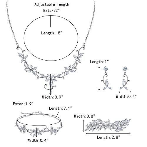Crysdue Flower Leaf Wedding Jewelry Set for Bridal Bridemaid, Cubic Zirconia Teardrop Elegant Silver/14K/Rose Gold Plated Vine Necklace Dangle Earrings for Prom Party - style: C_Four Set Silver