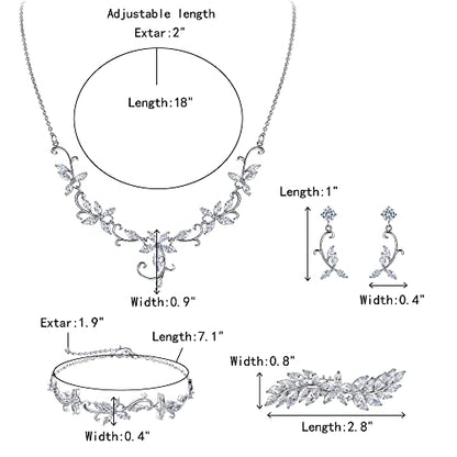 Crysdue Flower Leaf Wedding Jewelry Set for Bridal Bridemaid, Cubic Zirconia Teardrop Elegant Silver/14K/Rose Gold Plated Vine Necklace Dangle Earrings for Prom Party - style: C_Four Set Silver