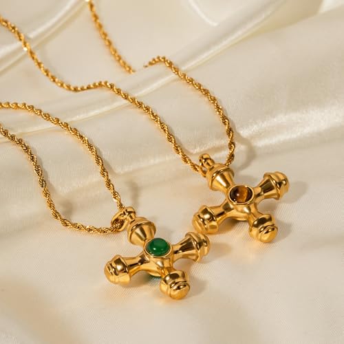 NUZON Sunburst Heart / 2-Tone Interlocking/CZ Evil Eye/Single Pearl/Love Heart Pendant Necklace for Women 14K Gold Chain Necklace Chunky Statement Jewelry - color: Green Agate Cross
