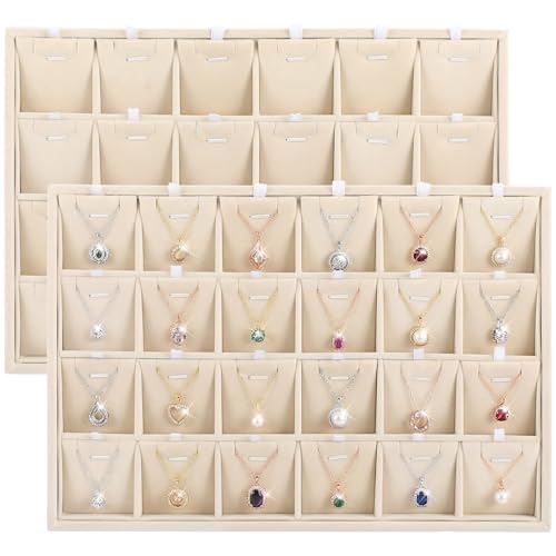 2 Pcs 24 Grid Stackable Jewelry Organizer Tray with Removable Dividers Ice Velvet Jewelry Display Showcase Tray for Necklace Earring Ring Bracelet Holder (Beige Velvet) - color: Beige