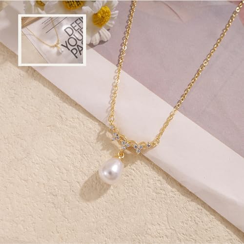 Pearl Necklaces for Women,Dainty Gold Pendant Necklaces Waterproof Jewelry | 14K Gold Plated Pearl Necklaces,Dainty Elegant Wedding Necklace,Small Cute Adjustable Minimalist Necklace,Non Tarnish Jewelry - color: GOLD-5