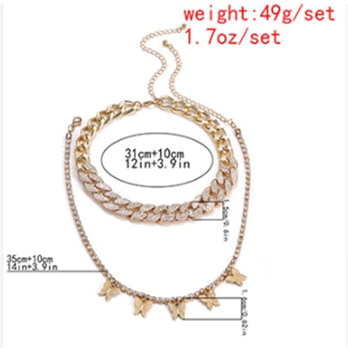 2Pcs Layered Hip Hop Shiny Rhinestone Bead Chunky Chain Butterfly Pendant Necklace Punk Crystal Cuban Link Chain Choker Collar Necklace for Women Party Birthday BarJewelry Gift - color: G gold-3