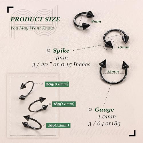 G23 Titanium 14/16/18/20G Septum Rings Horseshoe Nose Ring Jewelry | 2/3Pcs Circular Barbell Spike Lip Body Piercing Jewelry Conch Helix Tragus Earring Silver/Black 8/10/12mm 14K Gold Plated - color: Black-3pcs, size: Spike-3pcs-18g-8/10/12mm