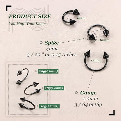 G23 Titanium 14/16/18/20G Septum Rings Horseshoe Nose Ring Jewelry | 2/3Pcs Circular Barbell Spike Lip Body Piercing Jewelry Conch Helix Tragus Earring Silver/Black 8/10/12mm 14K Gold Plated - color: Black-3pcs, size: Spike-3pcs-18g-8/10/12mm