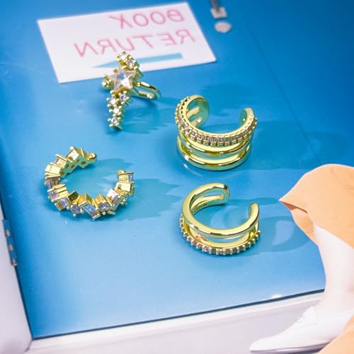 Ear Cuffs Non-Piercing Earrings for Women Cute Clip-On Cartilage Earring | 14k Gold Plated Ear Cuff for Non Pierced Ears Dainty Adjustable Fake Piercings Earings Set - style: 4