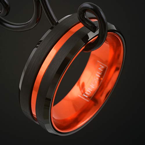 Engraved Personalized 6mm/8mm Brushed Finish Black Tungsten Carbide Band Ring w/Metallic Orange Stripe & Matching Anodized Aluminum Inner Band.