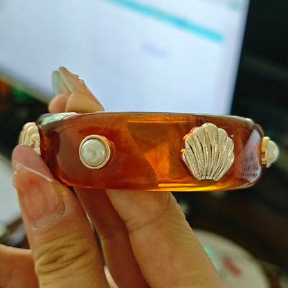 2PCS Chunky Acrylic Bracelet for Women Large Square Resin Cuff Vintage Open Bangle Bracelets Wide Geometric Jewelry - style: M-Shell - Amber