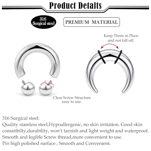 Septum Rings 16G 14G 12G 10G 8G 6G 4G 2G Surgical Steel Septum Stretching Kit Septum Pincher Tapers Gauge Kit Nose Ring Hoop Horseshoe Helix Tragus Daith Rook Piercing Jewelry for Women Men - style: 8G(3.0mm)-Inner Dia:14mm