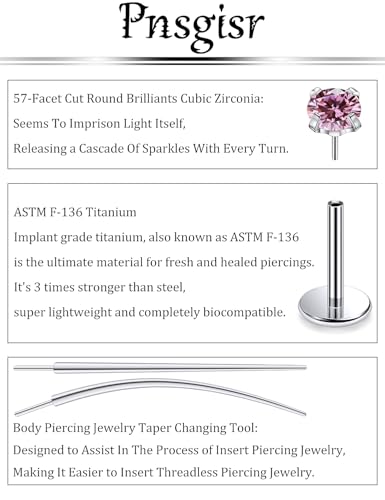 F136 Titanium 20/18/16G Earrings Nose Lip Rings Medusa Tragus Cartilage Helix Labret Flat Back Threadless Implant Grade Stud Piercing Jewelry for Women - color: Pink CZ, size: 18g*6/7/8mm*2/3/4mm