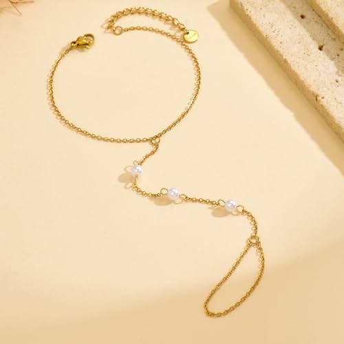 Dainty 18K Gold Plated Tiny Bracelets with Finger Ring for Women | Waterproof Hypoallergenic Adjustable Hand Harness Chain Jewelry - color: Three Pearl-GD