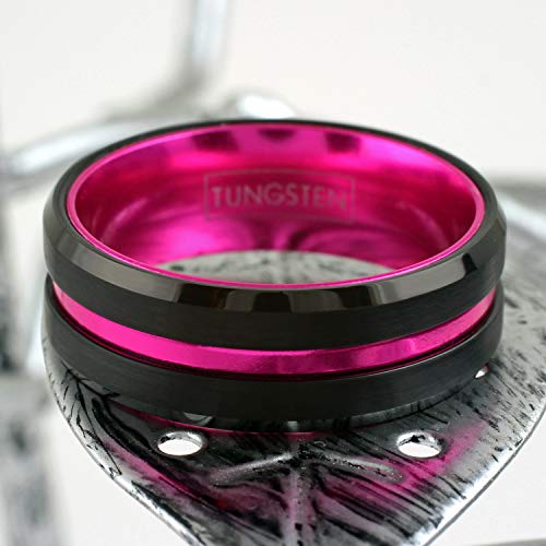 Engraved Personalized 6mm/8mm Brushed Satin Finish Black Tungsten Carbide Band Ring with Hot Pink Stripe & Hot Pink Anodized Aluminum Comfort Fit Inner Band.