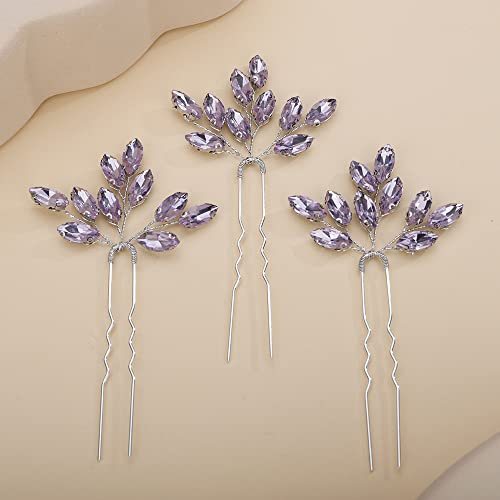 Teyglen 3pcs Bridal Crystal Hair Pins Rhinestones Hair Pieces Simple Purple Crystal Wedding Hair Pins Handmade Hair Accessories for Women Bride(Purple) - color: Purple