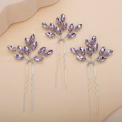Teyglen 3pcs Bridal Crystal Hair Pins Rhinestones Hair Pieces Simple Purple Crystal Wedding Hair Pins Handmade Hair Accessories for Women Bride(Purple) - color: Purple
