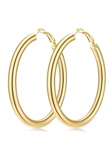 FaithHeart Silver/Black/Gold Stainless Steel Chunky Hoop Earrings for Women | Hypoallergenic Lightweight Hoop Earrings, Trendy Statement Thick Hoop, 20/30/40/50/60/70/80mm - color: Gold, size: 60mm