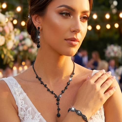 Aukmla Rhinestone Wedding Prom Jewelry Sets Silver Diamond Necklaces and Earring Bracelet Set for Brides and Women - color: Black