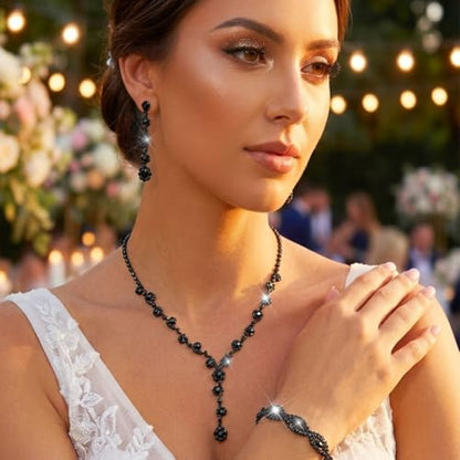 Aukmla Rhinestone Wedding Prom Jewelry Sets Silver Diamond Necklaces and Earring Bracelet Set for Brides and Women - color: Black