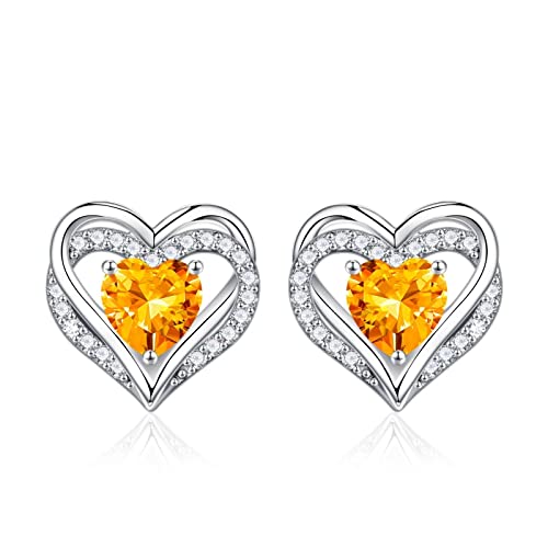 Iefil Birthstone Earrings for Women - 925 Sterling Silver Heart Stud Earrings Birthday Gifts for Women - color: 11-Nov-Created Citrine